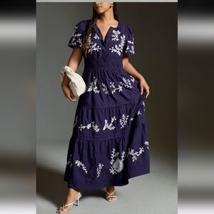Anthropologie Somerset Navy Blue Floral Embroidered Dress